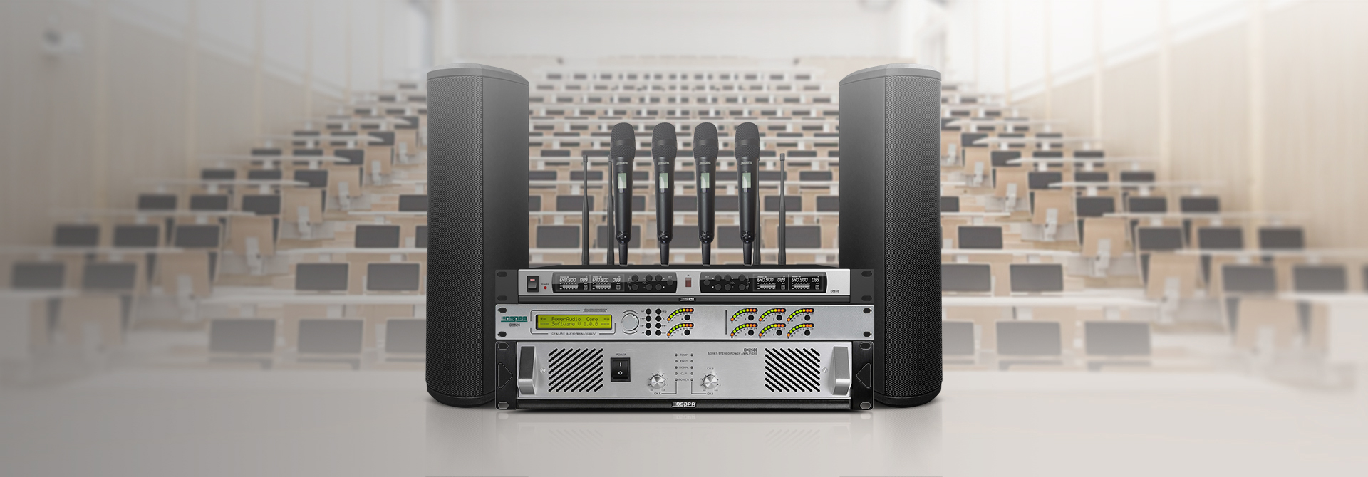 D8826 Pro Audio Processor + DSP3130 Series Conference column Speaker Solution for Medium-sized Report Hall