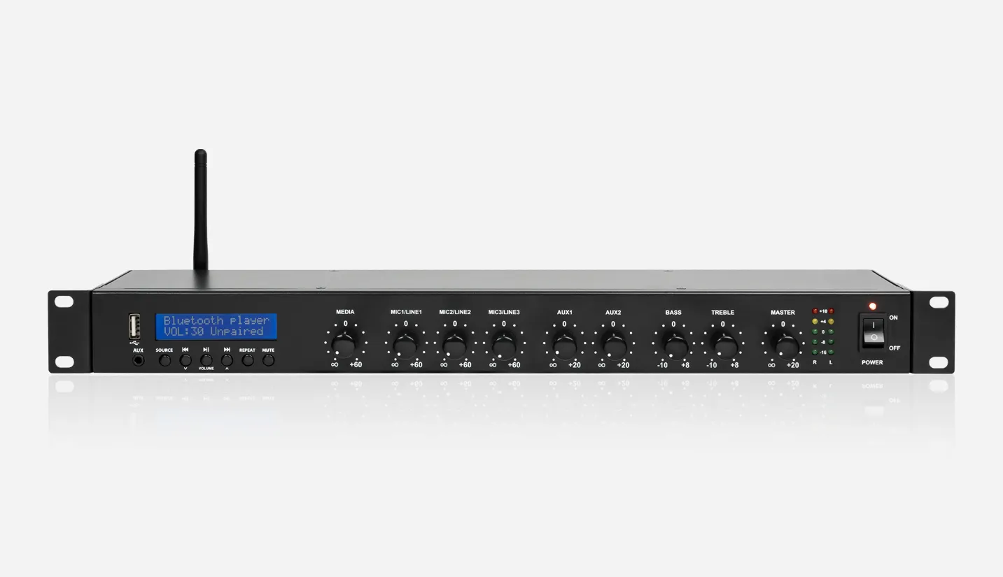 1U Audio Mixer with Bluetooth, USB, FM